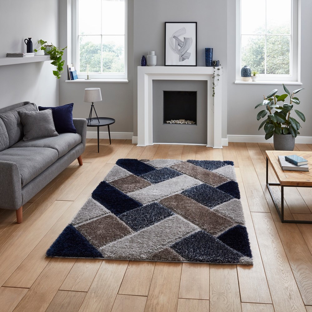 Olympia 2239 Grey Navy Geometric Shaggy Rug